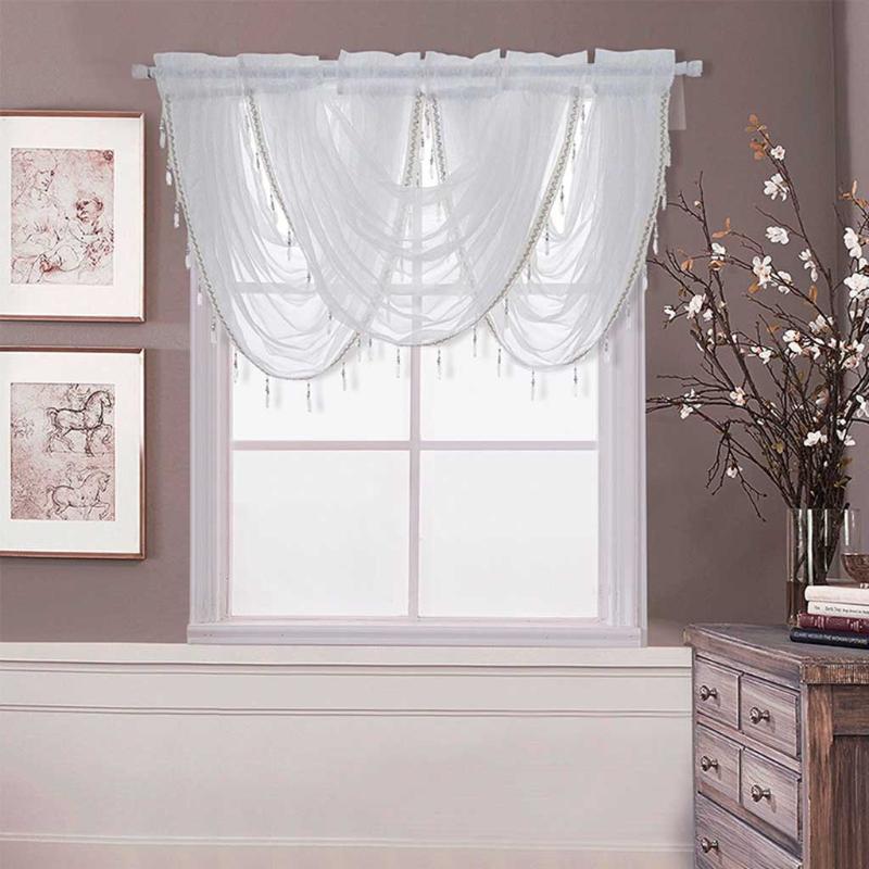 

Attractive Design Elegant Waterfall Curtain Luxury White Diamond Sheer Embroidered Window Valance Tassel Trim 145 x 94cm