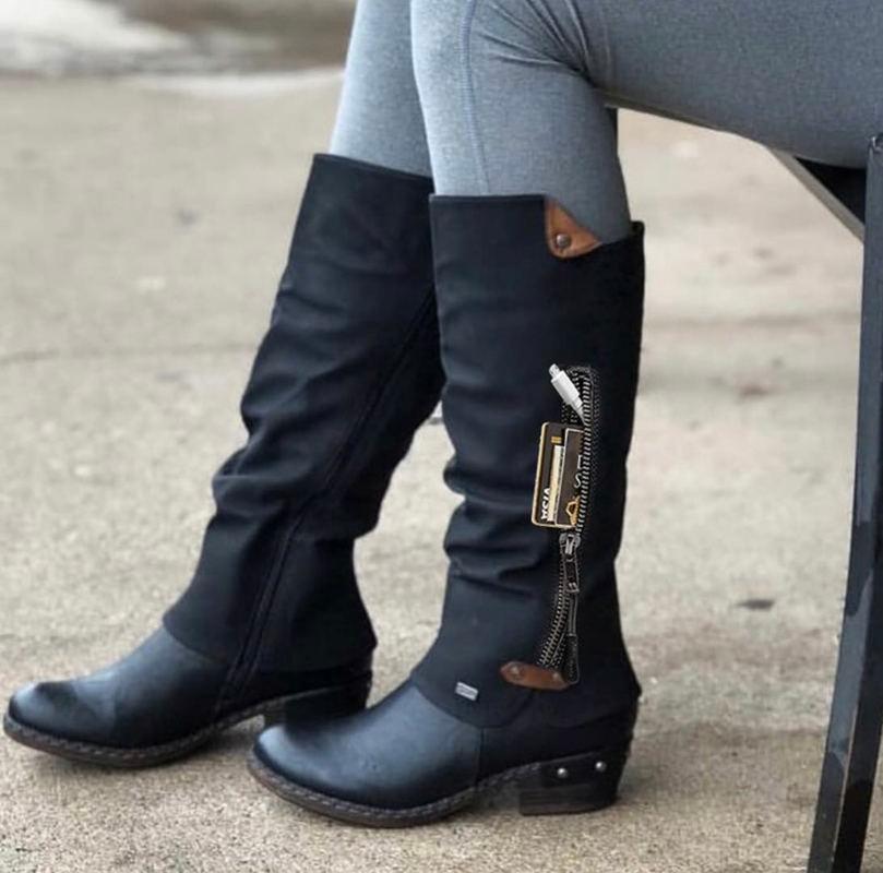 

2020 Fashion Roman Slip on Female Knight Boots Rubber Thick Heels Knee-high Boots Women Shoes Autumn Round Toe Women Long, Black