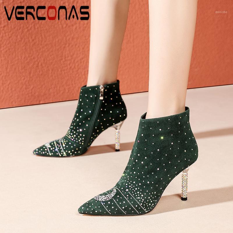 

VERCONAS Autumn Winter 2021 New Office Women Ankle Boots New Kid Suede Shoes Woman Thin Heels Side Zipper Rhinestone Basic Boots1, Molvd