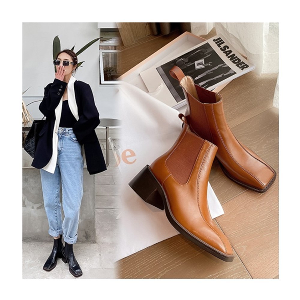 

2020 Leather Shoes Genuine Spring and Thick Heel with Elastic Toe Foot Boots Boots34-40 V4yu, Black fleece.