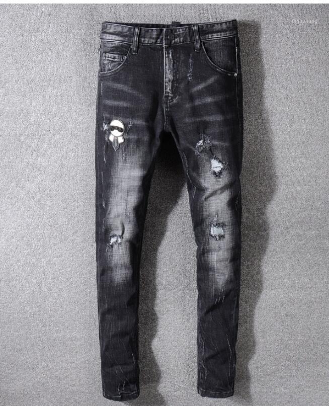 

New Italy Style #3304# Men's Distressed Butterfly Embroidered Pants White Side Stripe Blue Skinny Jeans Slim Trousers Size 29-401, As pic