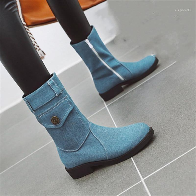 

PXELENA Retro Denim Boots Women Winter Shoes Low Heels Zip Round Toe Casual Comfort Biker Riding Boots Plus Size 34-431, Black