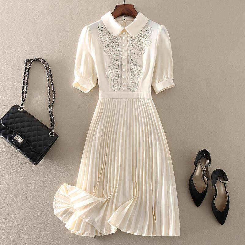

Vintage Embroidered Pleated Dress Women 2021 Summer Chic Sweet Short Sleeve Midi Party Dress Elegant Slim Waist A-Line Dresses G1223, Beige