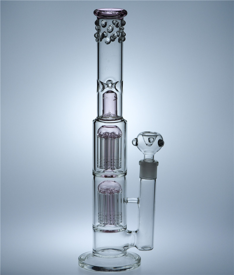 

Pink Tube Bong Double Arm Tree Perc Glass Bong Recycler Dab Rig Ice Notches Smoking Hookah 18mm Joint Bowl Glass Water Bongs