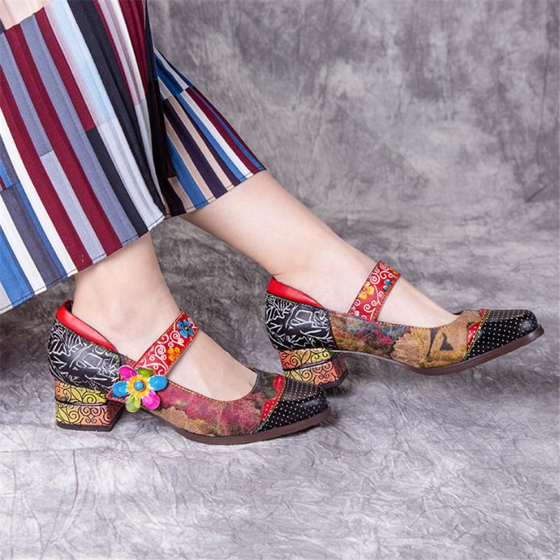 

Vintage Print Heels Ladies Pumps Shoes Retro Genuine Leather Handmade Women Pumps Flowers Hook Loop Mary Janes Shoes Women, U39