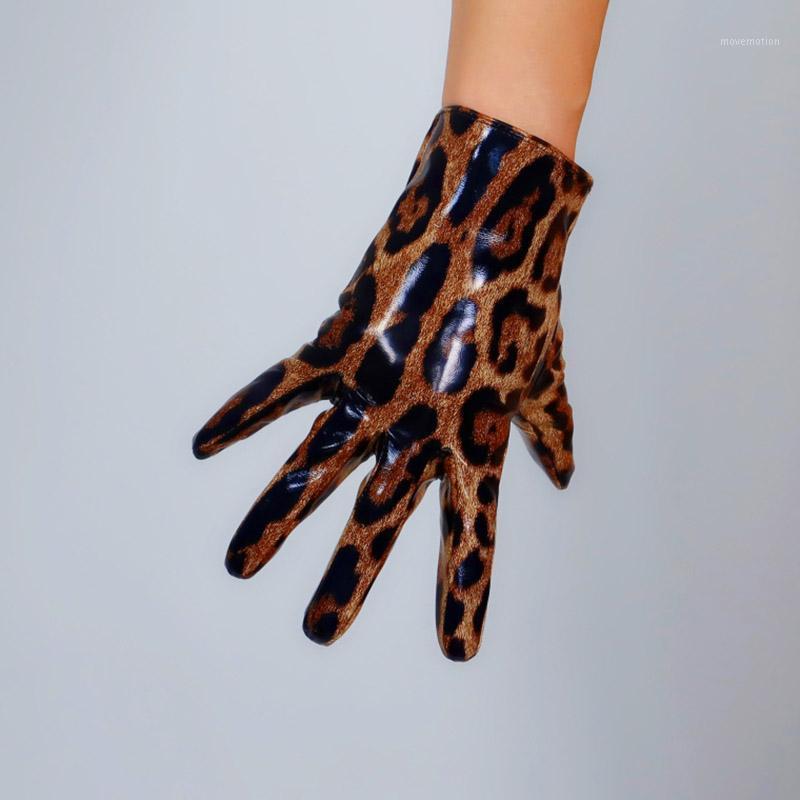 

Leopard Short Gloves 21cm Female Faux Leather Bright Patent Leather Women Gloves Brown Leopard Slim Hand WPU2911