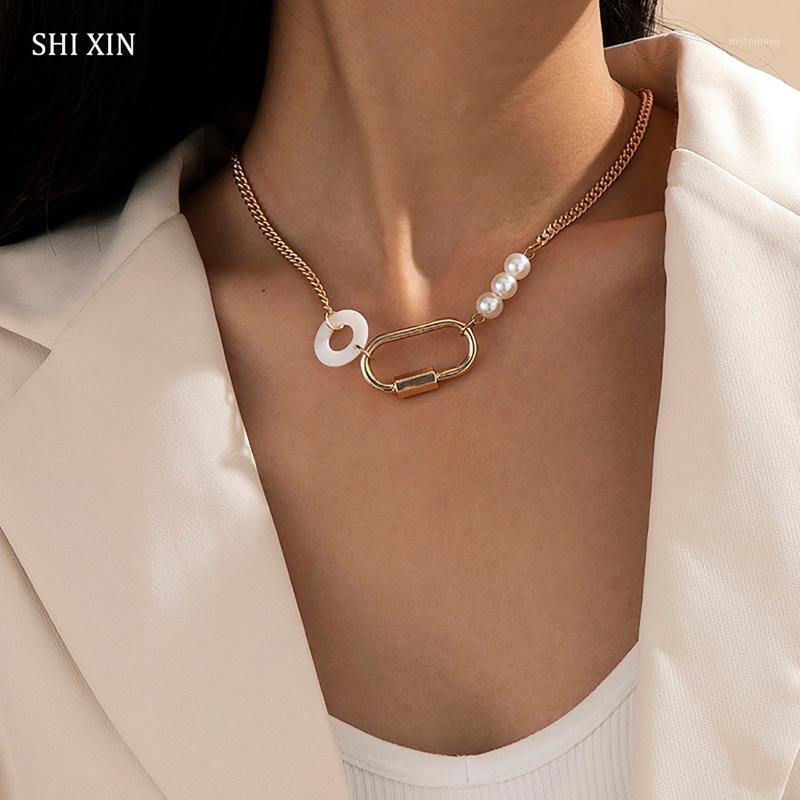 

SHIXIN Asymmetry Chain Pearls Necklace for Women Fashion Choker Necklaces on Neck 2021 Short Chokers Colar Jewelry Collier Gifts1