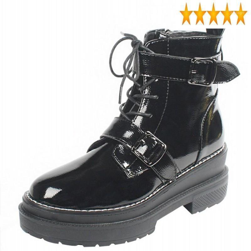 

Lining Winter Women Patent Fleece Leather Ankle Strap Buckle Lace Up Biker Riding Boots Block High Heels Platform Shoes1, 3 normal