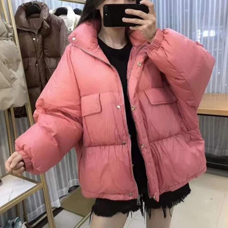 

2020 New Baseball Down Jacket Women Short White Duck Down Outwear Loose Casual Coat Ultra Light Jackets Over Size, Pink