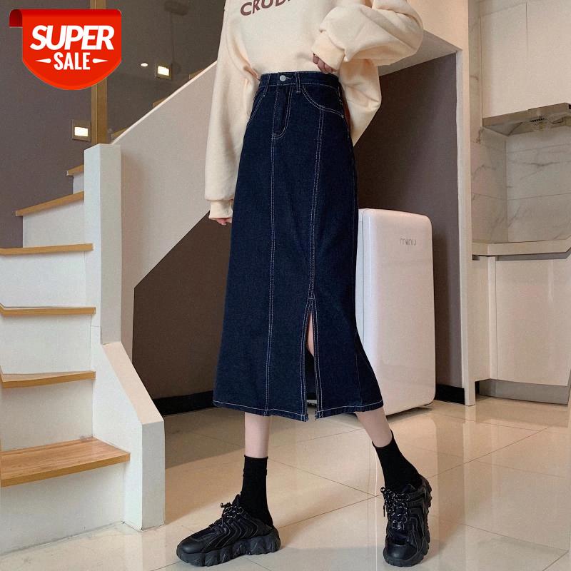 

JXMYY Spring and Autumn New Retro Denim Skirt Female Mid-length High Waist Split Hip Skirt #zi63, White;black