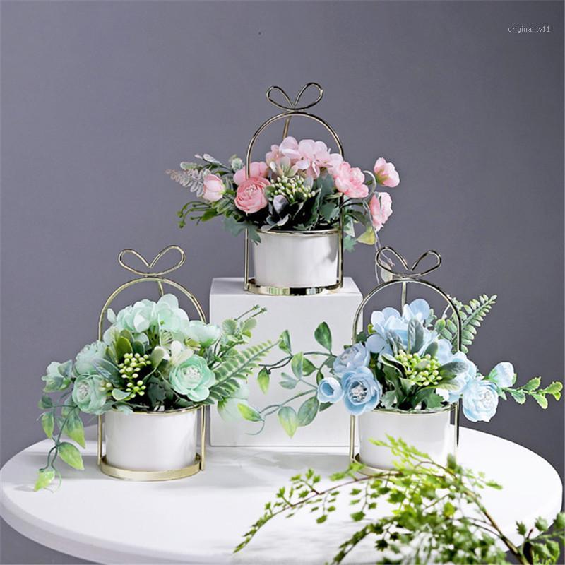 

Nordic Artificial Flower Small Potted Ornaments Fake Flower Pot Set Vase Simulation Plants Bonsai Home Desktop Decor Furnishings1, Blue