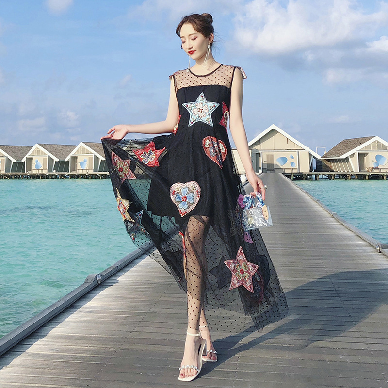 

Tip From Luxo Portrait of Women Midi Long Embroidery Beading 2021 Summer Mistress Elegant Sexy Perspective Male Dressed Dresses M4yt, Black