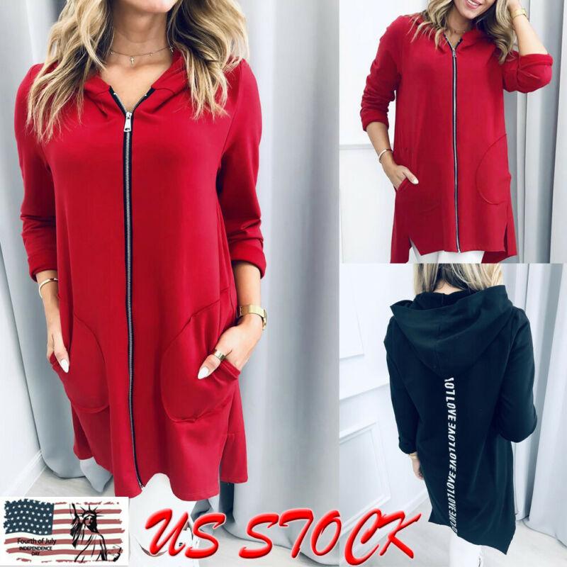 

Women Plain Fleece Hooded Coat Sports Zip up Jacket Outwear Ladies Solid Zipper Fashion Clothing, Black