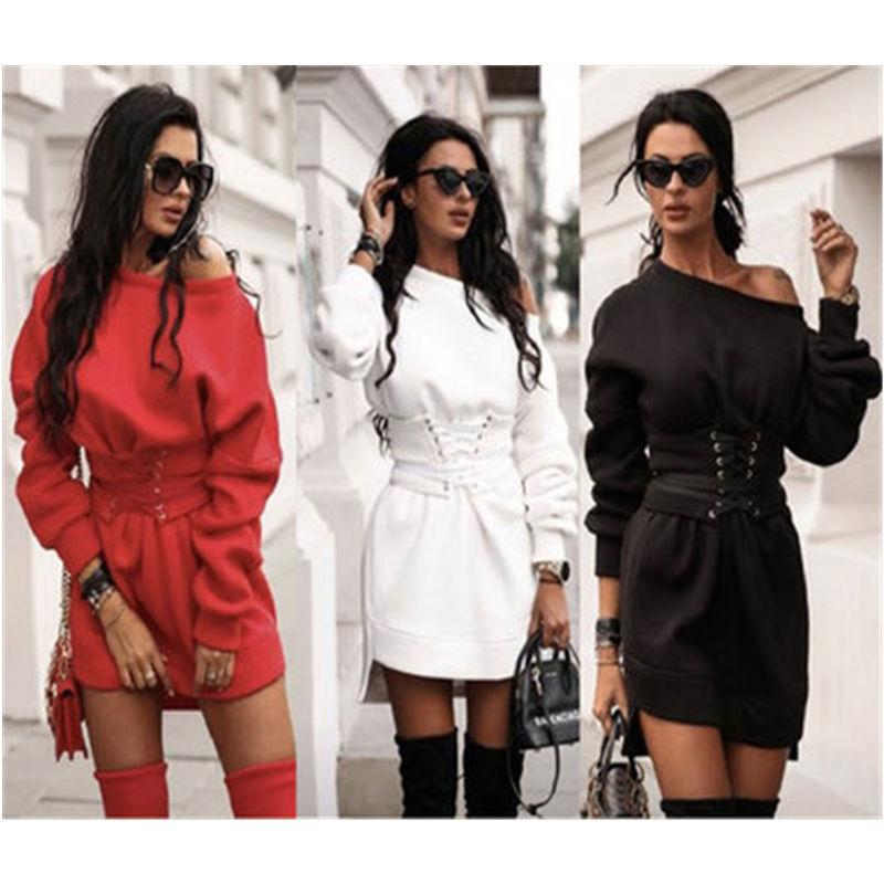 

Womens Bandage Sexy Dress Fashion Trend Long Sleeve Round Neck Waisted Short Skirt Designer Female Spring New High Waist Casual Loose Dress, White