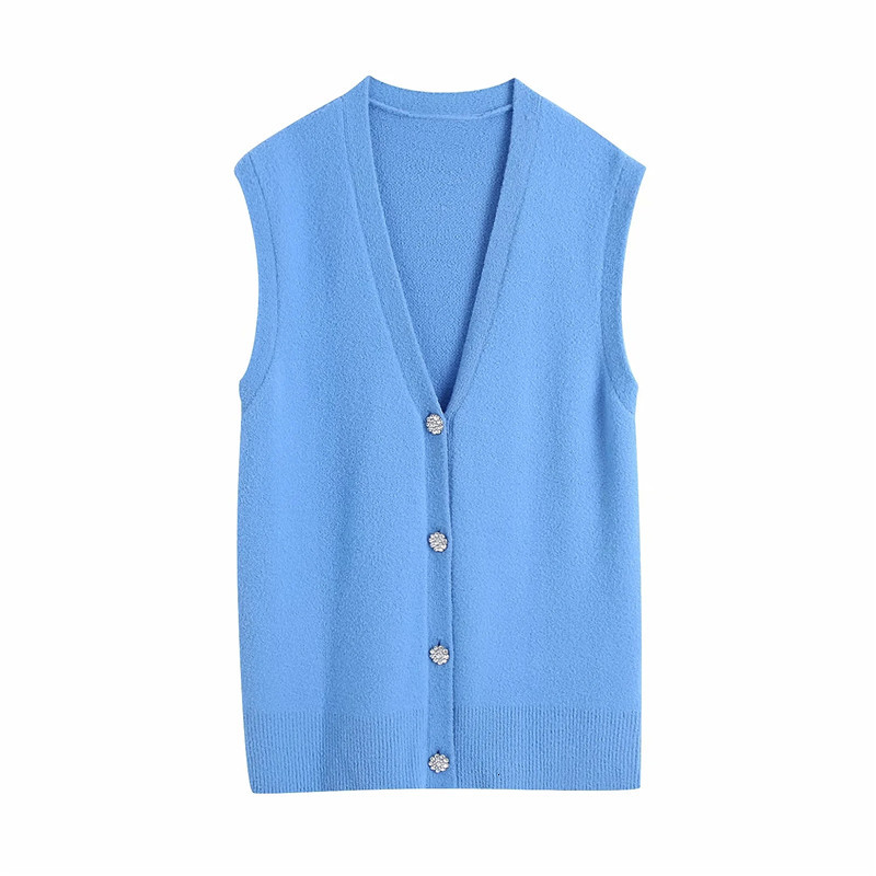 

New 2021  Long Knitted Vest Women Winter v Neck Sleeveless Sweater Woman Bejewelled Button Soft Warm Waistcoat 8ai1, Blue