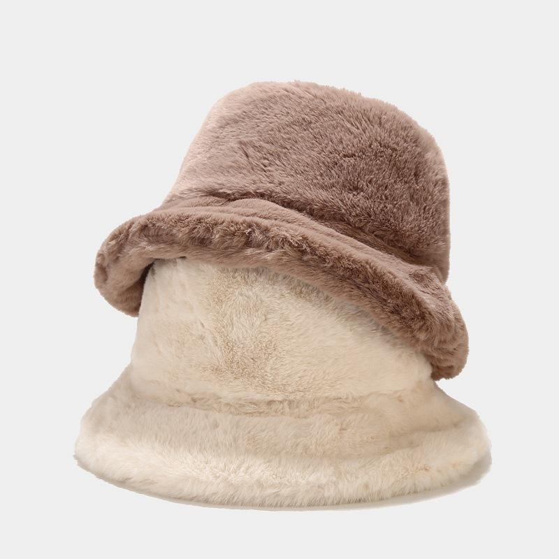 

Autumn Winter Warm Bucket Hat For Women Faux Fur Fisherman Cap Soft Fishing Cap Lady Panama Windproof Flat Top Basin Hats, White