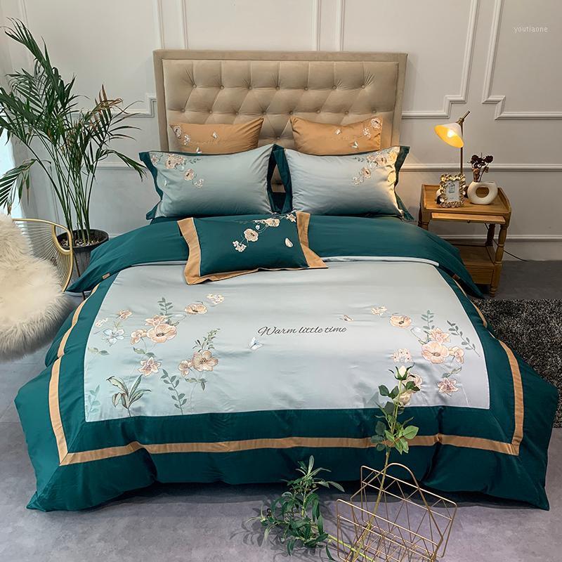 

New Luxury Green Chinese Style Flowers Embroidery 80S Egyptian Duvet Sheet/Linen Cotton 4/7pcs Cover Set Pillowcases Bed Bedding1