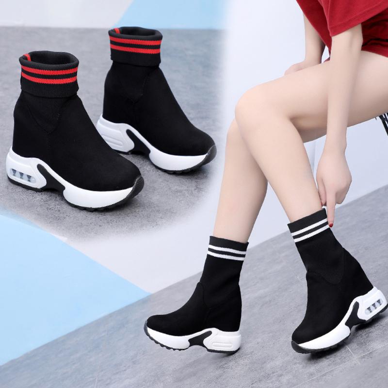 

Thick Soled Increasing Woman boots fashion striped Student Short Boots Lady's Socks Shoes platform winter women, Black