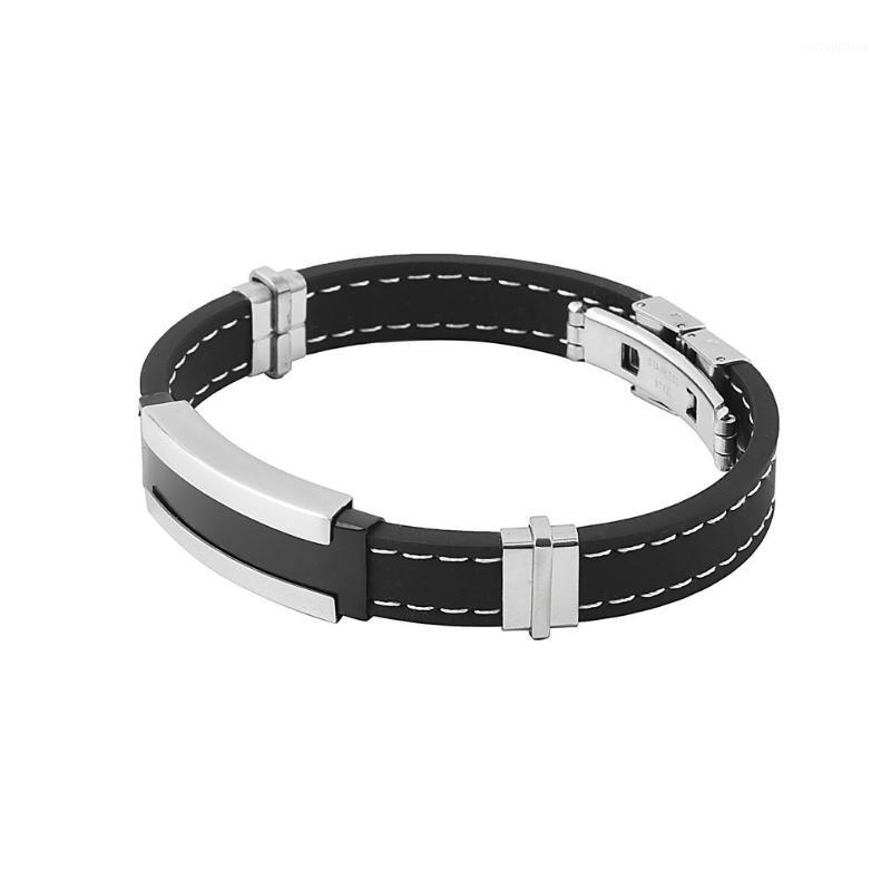

New Fashion Men Bracelet Bangle Silicone Rubber Slippy Hollow Strip Grain Stainless Steel Jewelry Acessories1