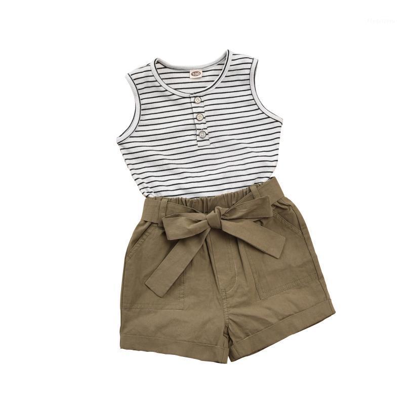 

girl 2-piece sleeve sleeve round neck striped top green pants baby girl fashion clothing 1-4Years Summer1