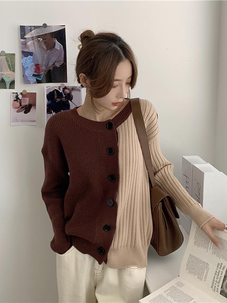 

New Style Women's Knitted Sweater Cardigan in Autumn Winter 2020 Color Contrast Sexy Round Neck Long Sleeve Casual Top, Joining together