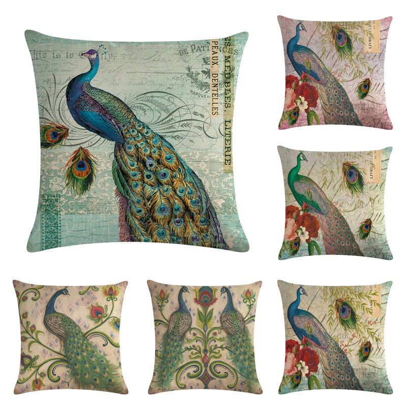 

Peacock Pattern Throw Pillow Covers Decorative Square Pillowcases Cotton Linen Cushion Cover Free Shipping