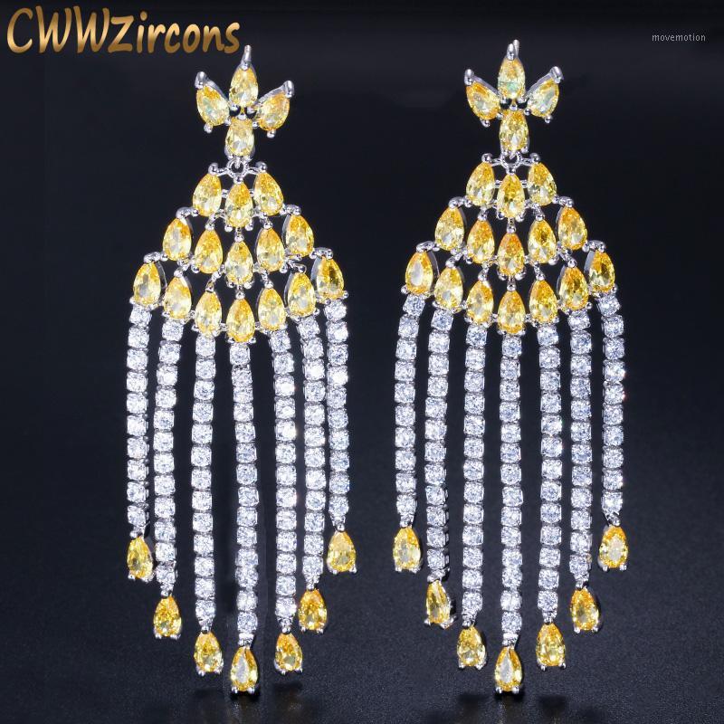 

CWWZircons Gorgeous Yellow Cubic Zirconia Crystal Long Water Drop Tassel Earrings for Women Statement Vintage Prom Jewelry CZ4401