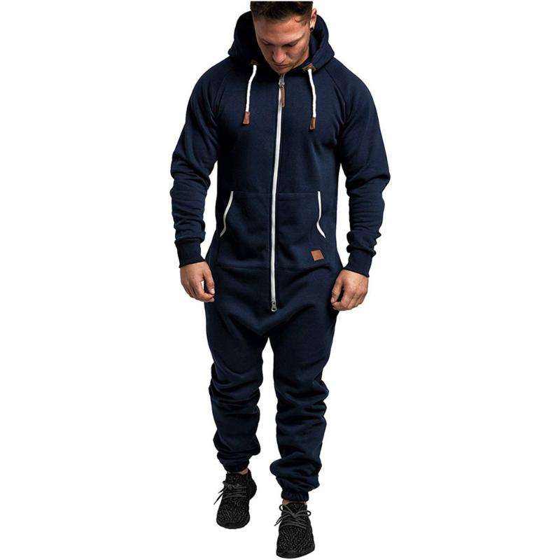 

2020 Brand New Autumn Winter One Piece Men's Jumpsuit Overall Solid Color Zipper Closure Hooded Drawstring Romper with Pocket, Black