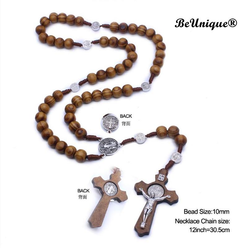 

Roman Catholic rosary necklace Handmade wooden Pine beads cross pendant Virgin Mary centerpiece connectors Religious Goods