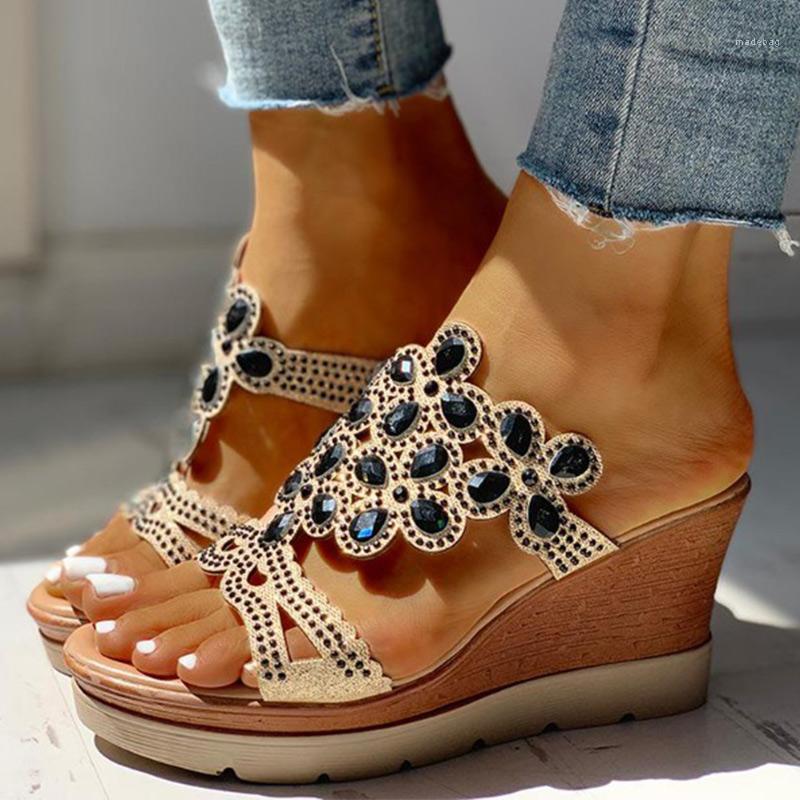 

Women's Wedges Slippers Rhinestone Summer Shoes Platform Bling Slip On Beach Slides Female Casual Ladies Slipper 2020 New Hot1, Blue