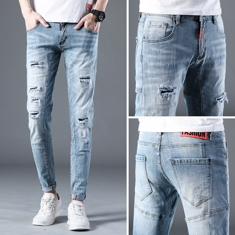

2021 Men's Brem Ripped Thin Jeans for Men Elastic Pants Cotton Blue Light Hip Summer Spring WZHZ, Sky blue.