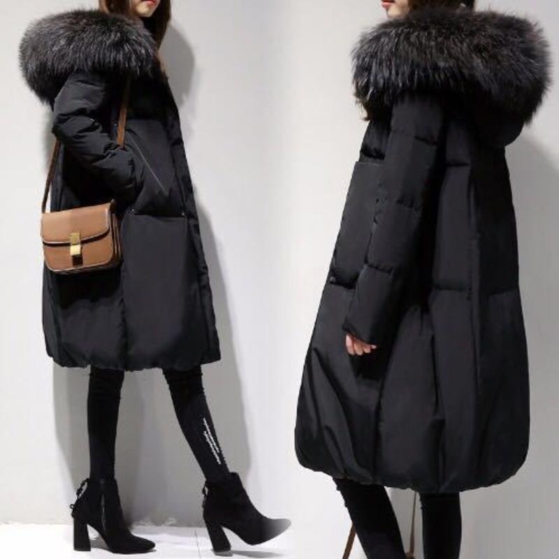 

2020 Winter Women Solid Warm Thick Jackets Big Fur Collar Coats Female Loose Hooded Down Cotton Long Oversized Parkas Clothes, Beige