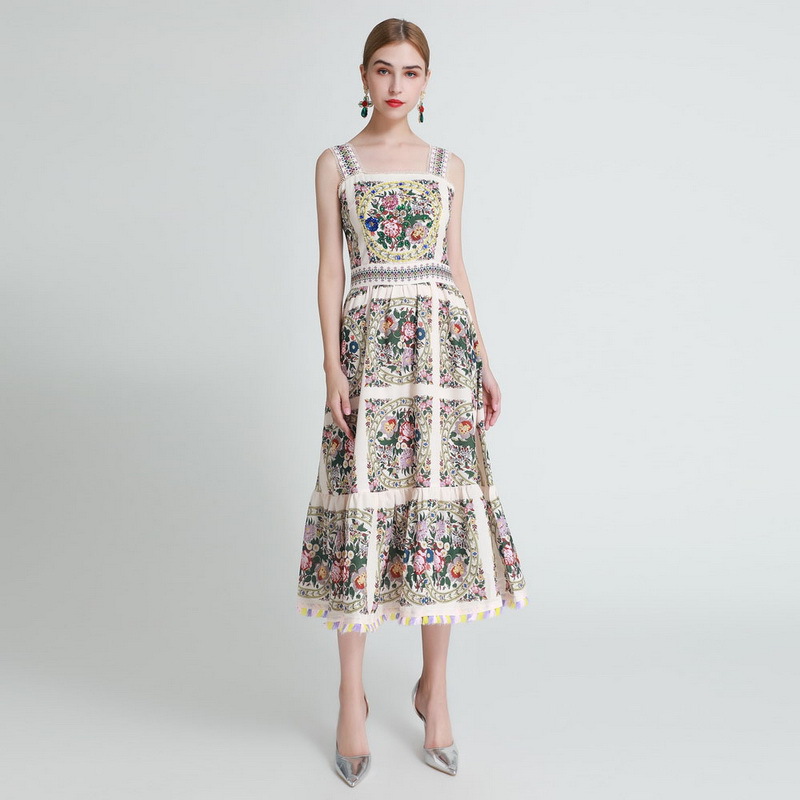 

Fashion elegant Women's Cotton Linen Dresses Rhinestone and Sequins Deco Long Dress Printing Tassel Casual Dresses, Customize