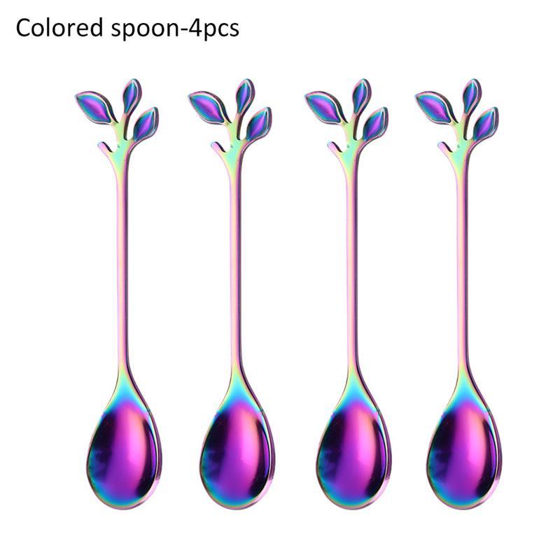 

4pcs Creative Leaf Shape Handle Coffee Spoon Teaspoon Dessert Snack Scoop Fork Couple Spoon/Fork Kitchen Accessories Tableware