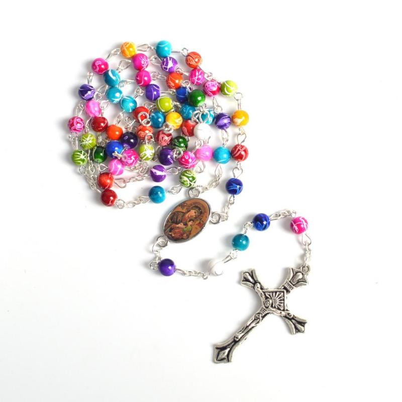 

Fashionable Religious Colorful Small Size Round Acrylic Beads Our Lady of Perpetual Help Rosary Necklace