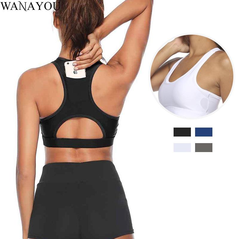 

WANAYOU Beauty Back Insert Mobile Phone Sports Bras Breathable Wirefree Running Fitness Yoga Top Quick Dry Padded Sports Bra Top, Dark blue