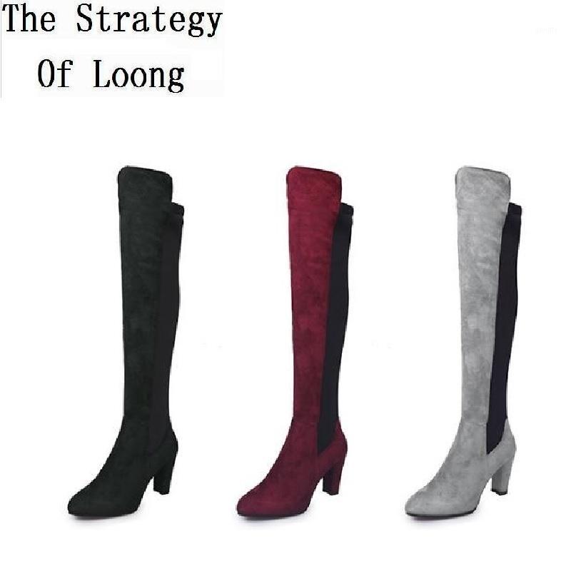 

New Europe America Style Plus Size Women Knee High Boots Flock Zipper Thick Heigh Heels Short Plush Long Sewing Boots 202011141, Black