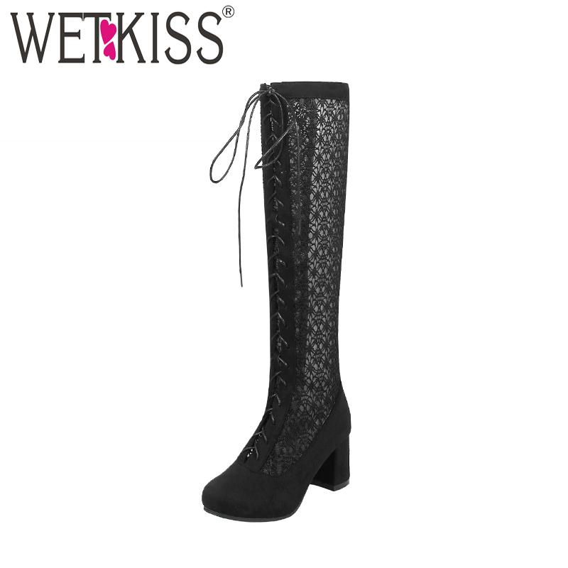 

WETKISS Summer Lace Thick High Heels Women Boots Knee High Round Toe Footwear Antumn Fashion Boots 2020 Cross Tied Female Shoes, Black