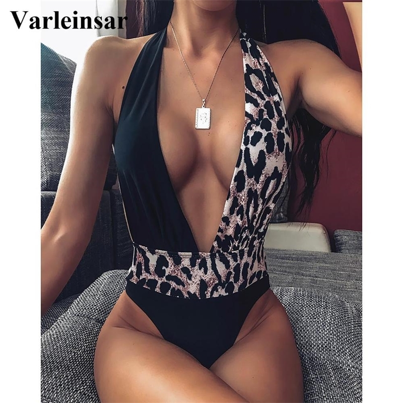 

NEW Sexy Halter Contrast Color Swimwear Women Deep V Neck One Piece Swimsuit Female Bather High Cut Bathing Suit Monokini V1748 Y200824, Black leopard