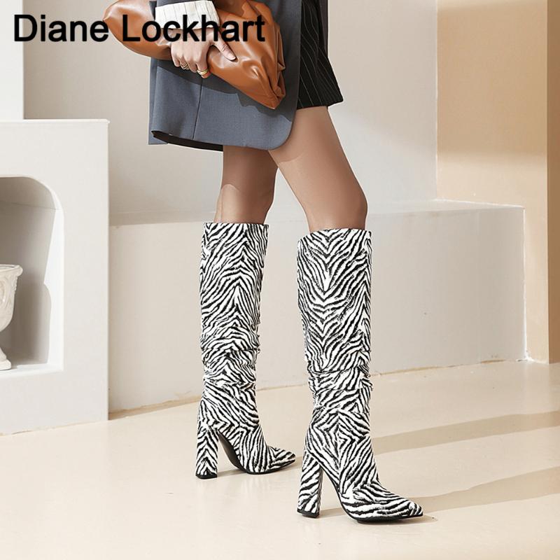 

2020 Warm winter Knee High Boots Female Pointed Toe Chunky Block Zebra Printing Women High Heels Shoes Ladies Thick Heel Botines, Multi