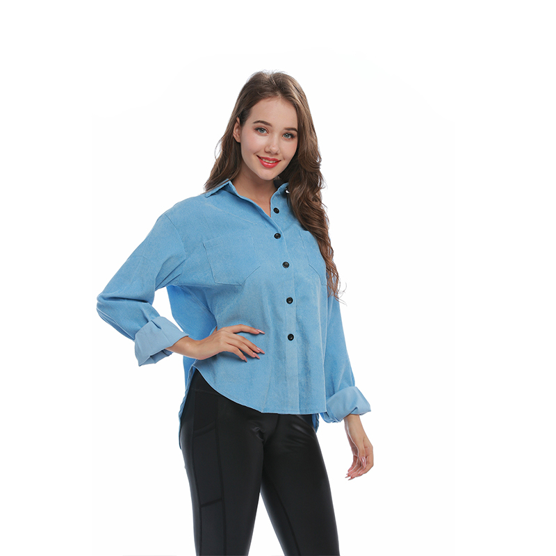 Autumn Polyester/Spandex Turn-down Collar Long Flare Sleeve Corduroy Blue Elegant Women's Shirt women dresses womens Clothing