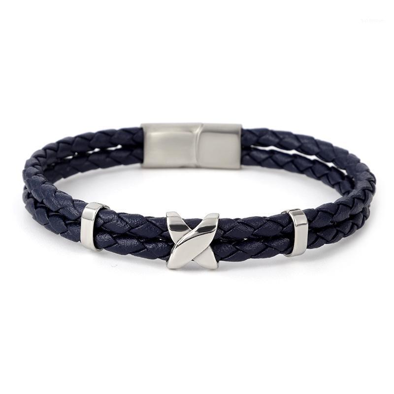 

Trendy Genuine Metal Magnet Buckle X Stainless Steel Bracelet Bangle For Men Blue Red Black Brown Leather Bracelet1