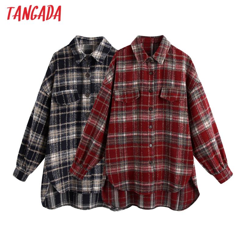 

Tangada Women Woolen Plaid Thick Coats Jacket Loose Long Sleeves Pocket 2020 Ladies Elegant Autumn Winter Coat BE718, Black
