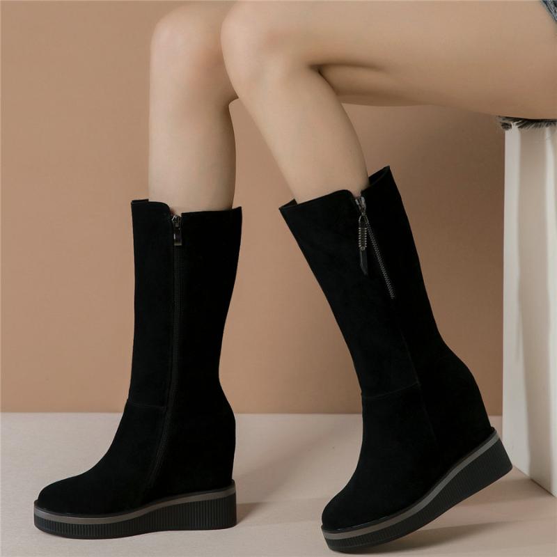 

Casual Shoes Women Genuine Leather High Heel Ankle Boots Female High Top Round Toe Fashion Sneakers Platform Wedges Pumps Shoes, Black