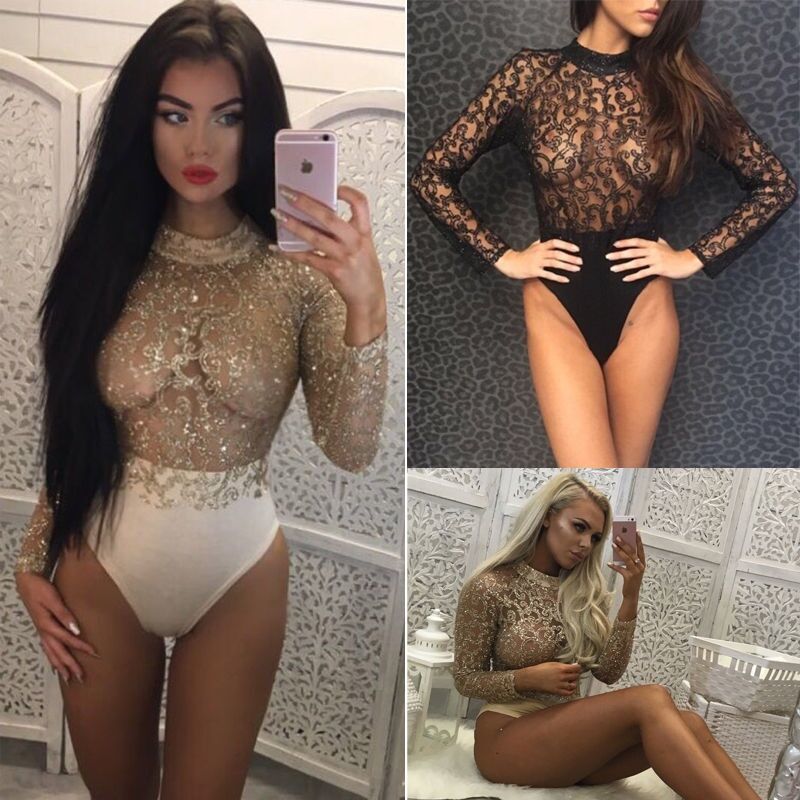 Élégant Or Noir À Manches Longues Sexy Body Femmes Combinaison Glitter Barboteuse D'une Seule Pièce BodyconWomen Salopette Skinny Bodys T200704