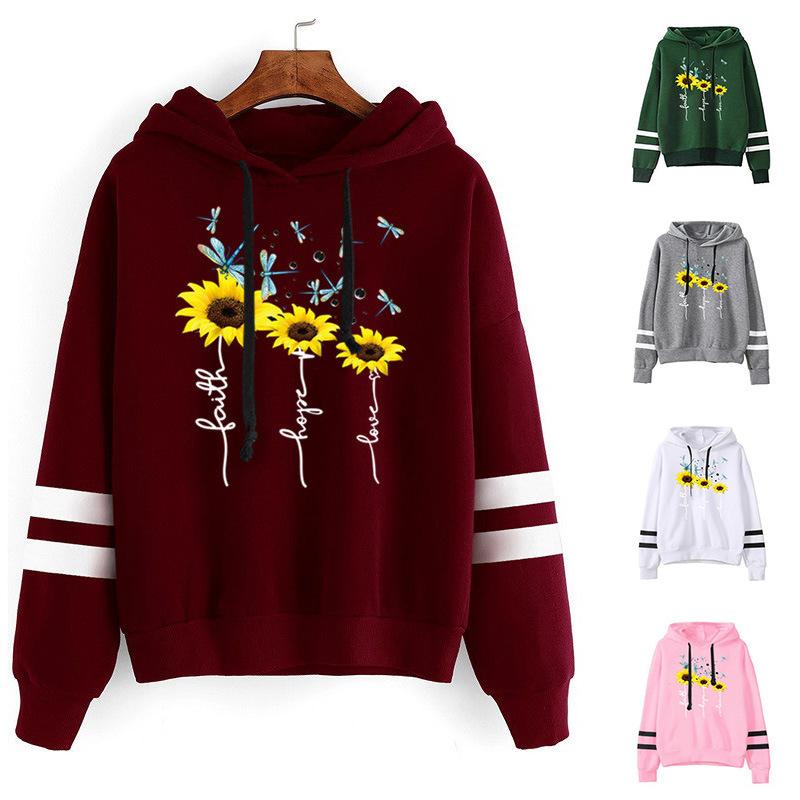

Women Hoodie Faith Hope Love Sunflpwer Printed Hoodies Women Double Striped Long Sleeve Fleece Sweatshirt with Hat Pullovers, Black
