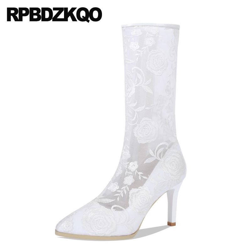 

summer mesh high heel white thin brand women lace stiletto pointed toe embroidery shoes sandals embroidered black side zip boots