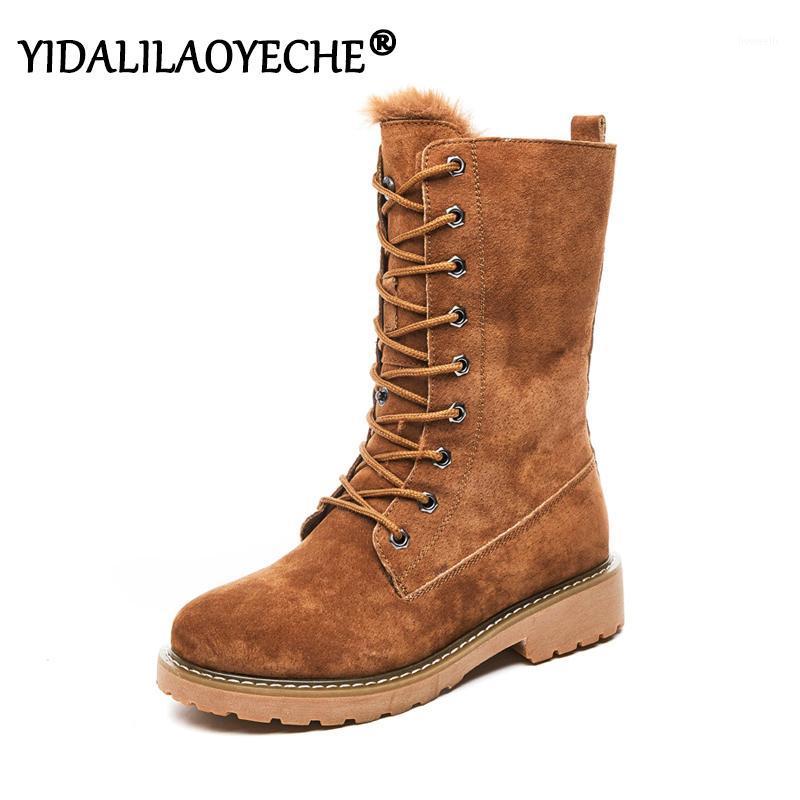

Wedge leather snow boots ladies winter boots 2020 winter women's shoes Pig Split ladies platform YIDALILAOYECHE1, Army green