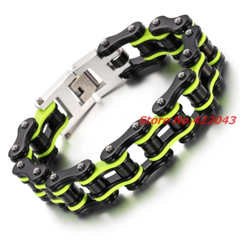 

Fashion 17MM Mens Sport Wristband Boys Green Black Color 316L Stainless Steel Biker Motorcycle Bracelet 8.66" Bangles