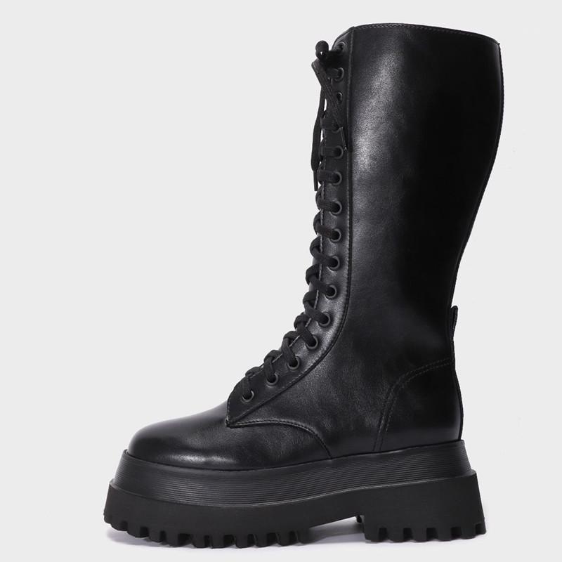 

2020 Winter New Fashion High Tube Flat Bottom Knight Boots Women Cross Straps Side Zipper Thick Bottom Round Toe Boot Women Shoe1, Black